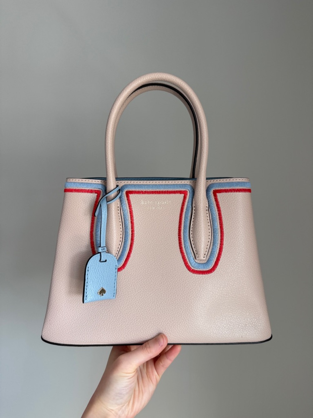 BNWOT Kate Spade Eva embroidered Satchel with Blue and Red Trim